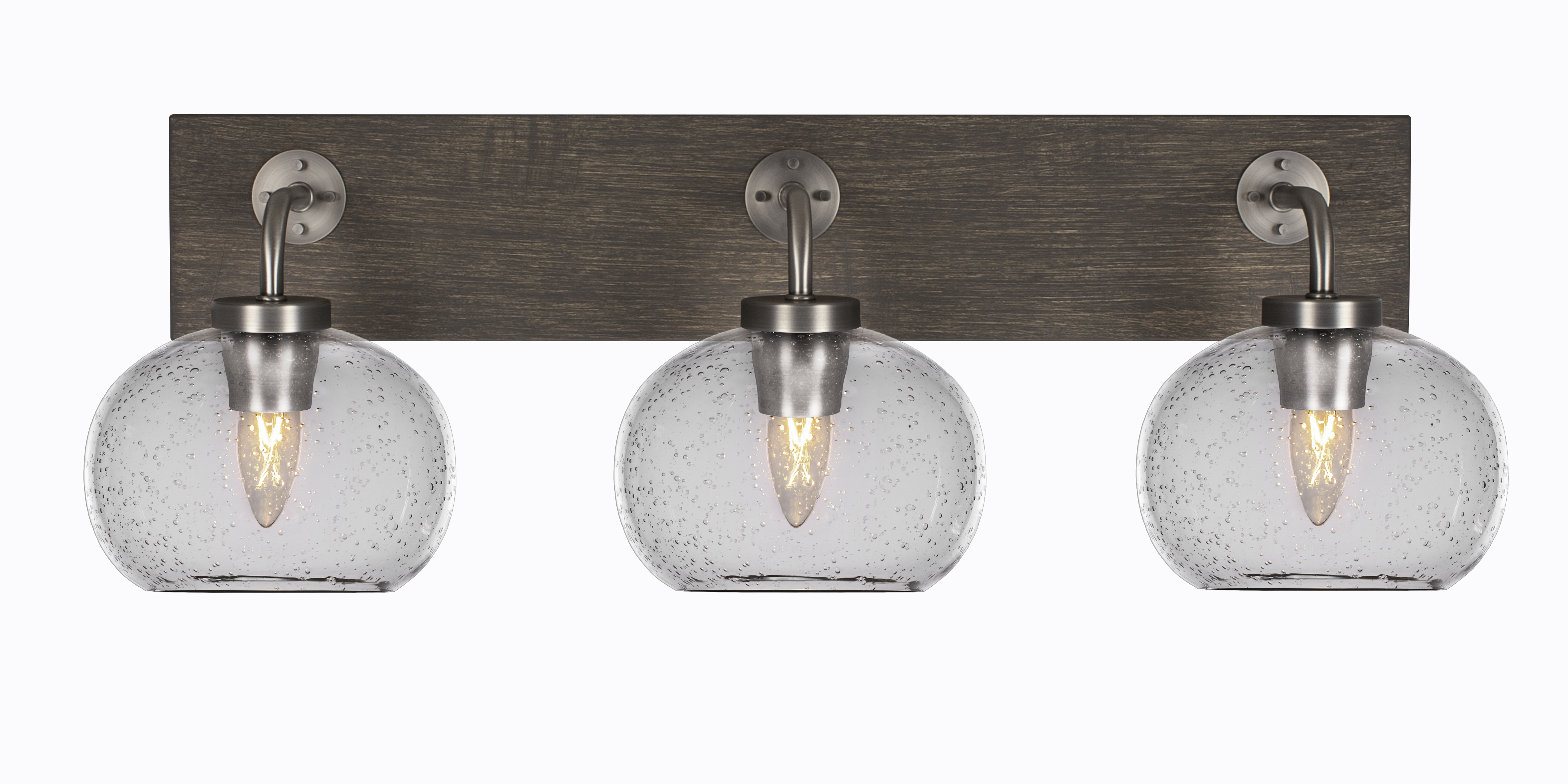 Toltec Lighting 1773-GPDW-202 Oxbridge 3 Light Bath Bar In Graphite & Painted Distressed Wood-look Metal Finish With 7" Clear Bubble Glass