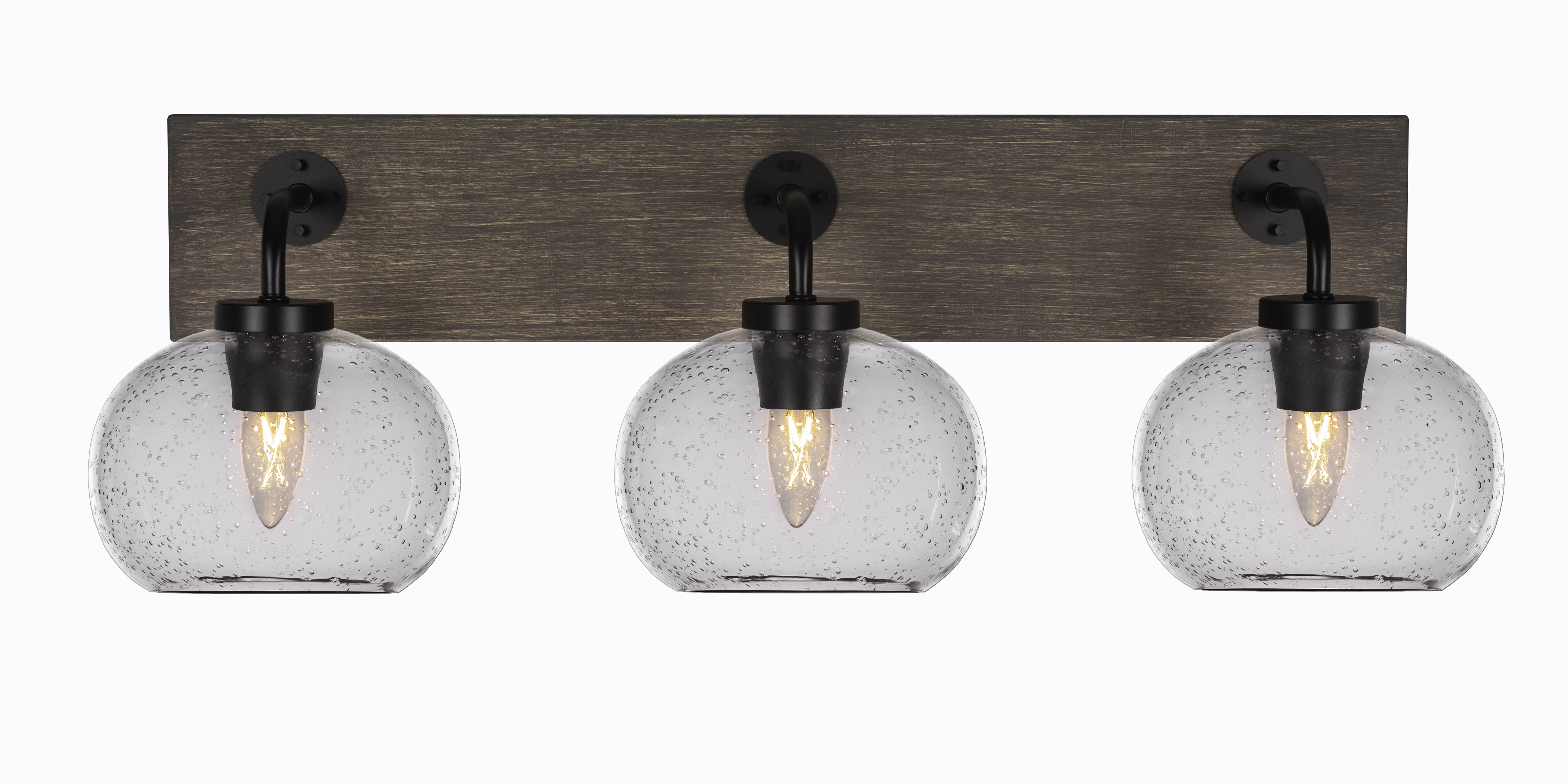 Toltec Lighting 1773-MBDW-202 Oxbridge 3 Light Bath Bar In Matte Black & Painted Distressed Wood-look Metal Finish With 7" Clear Bubble Glass
