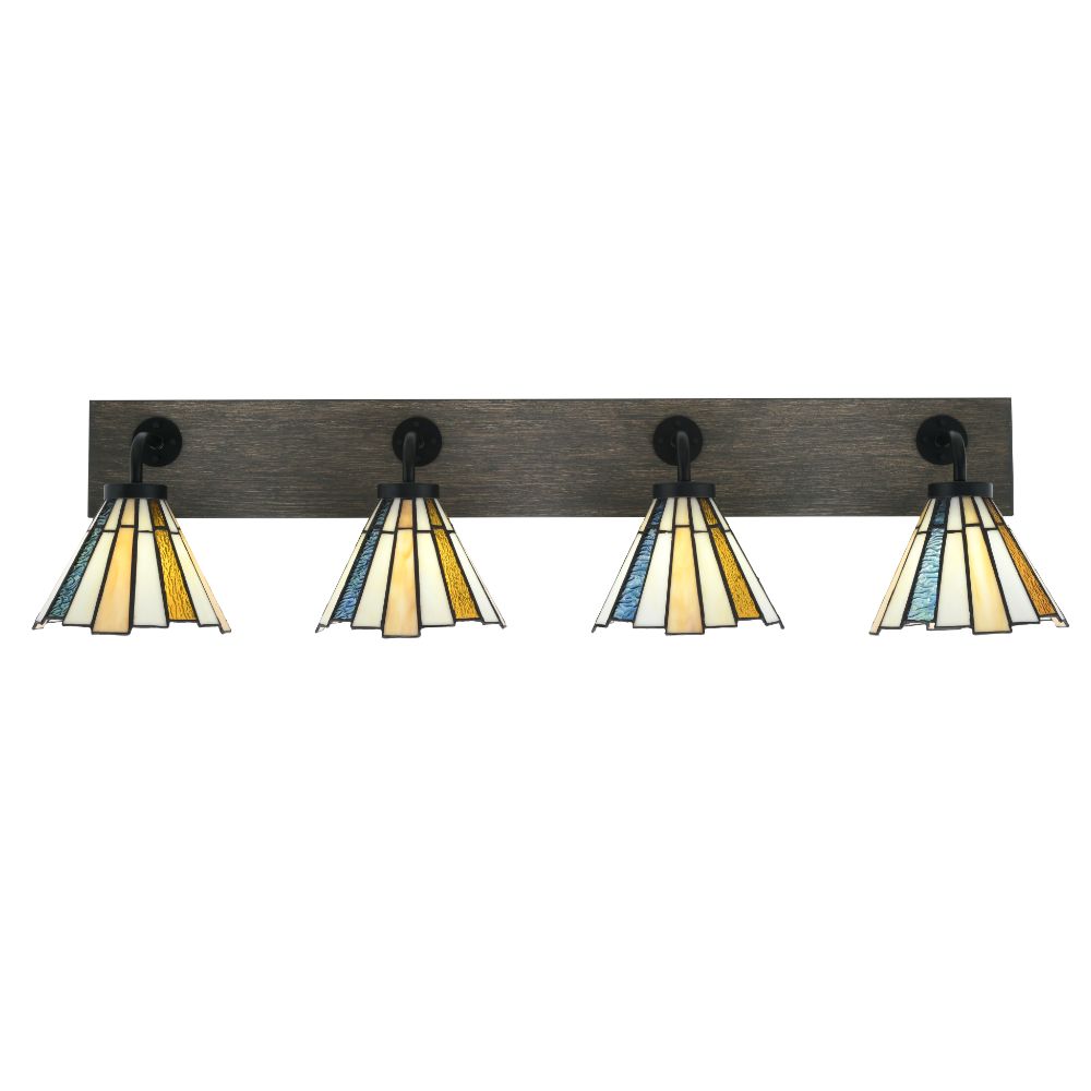 Toltec Lighting 1774-MBDW-9335 Oxbridge 4 Light Bath Bar In Matte Black & Painted Distressed Wood-look Metal Finish With 7" Sequoia Art Glass