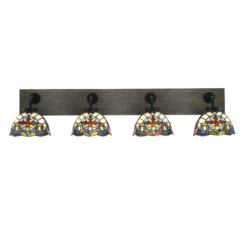 Toltec Lighting 1774-MBDW-9365 Oxbridge 4 Light Bath Bar In Matte Black & Painted Distressed Wood-look Metal Finish With 7" Earth Star Art Glass