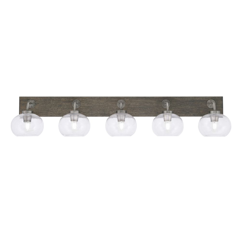 Toltec Lighting 1775-GPDW-202 Oxbridge 5 Light Bath Bar In Graphite & Painted Distressed Wood-look Metal Finish With 7" Clear Bubble Glass