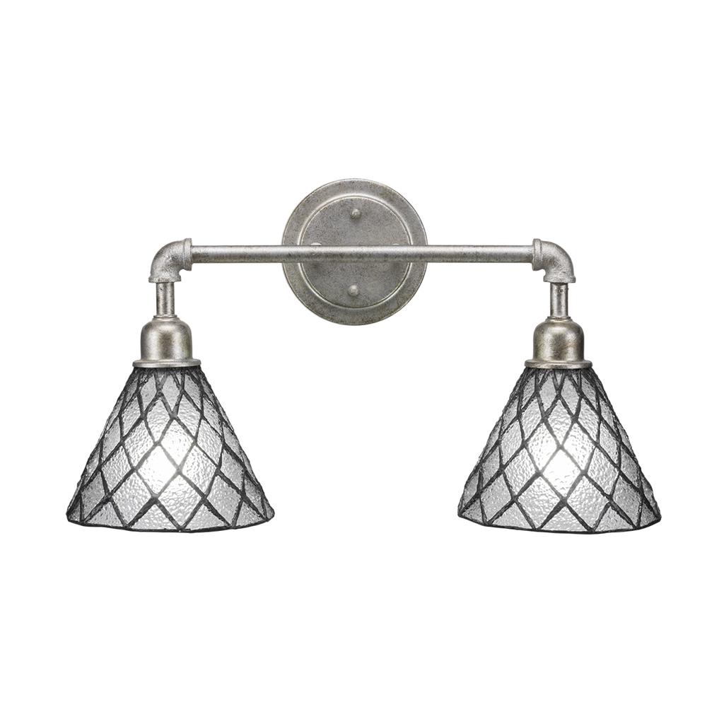 Toltec Lighting 182-AS-9185 Vintage 2 Light Bath Bar Shown In Aged Silver Finish with 7" Diamond Ice Tiffany Glass