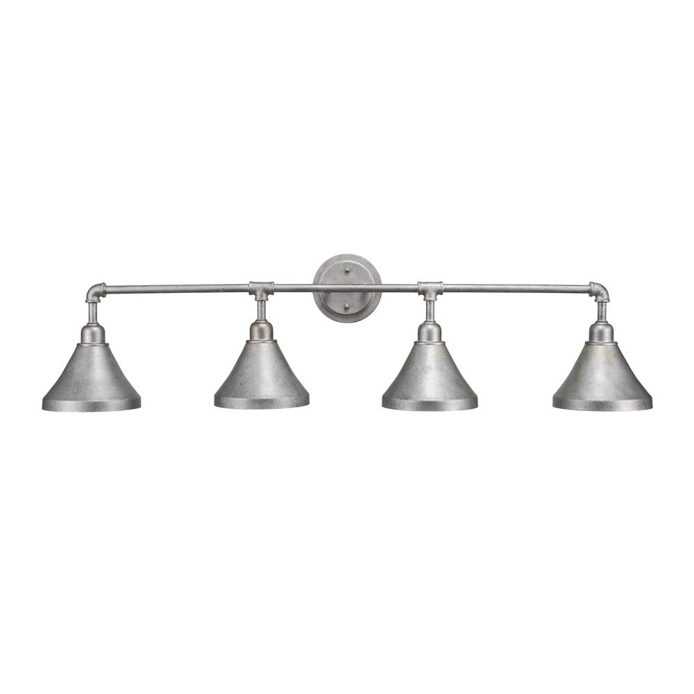Toltec Lighting 184-AS-410 Vintage 4 Bath Bar Sconce Shown In Aged Silver Finish With 7” Aged Silver Metal Shades