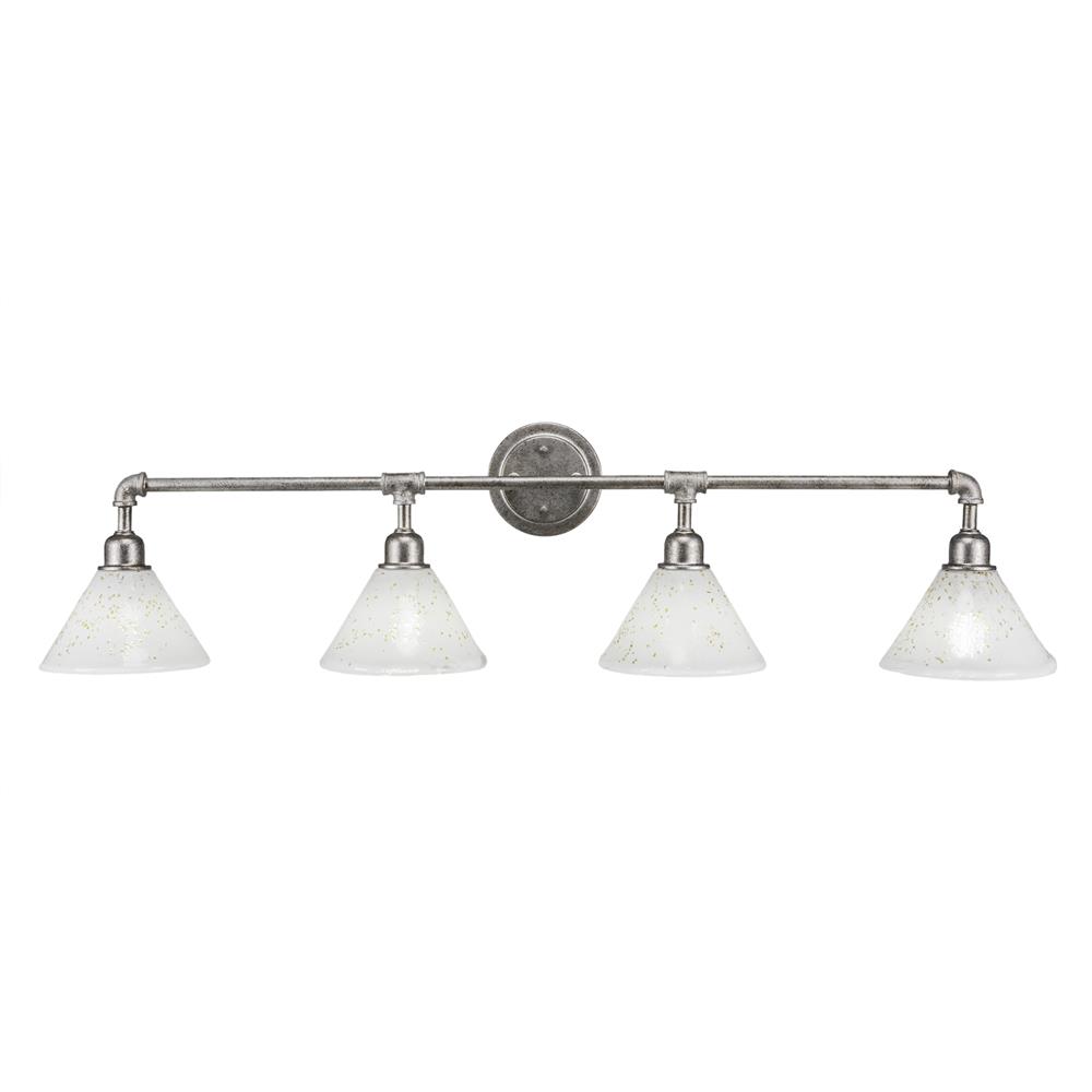Toltec 184-AS-7145 Vintage 4 Light Bath Bar Shown In Aged Silver Finish with 7" Gold Ice Glass