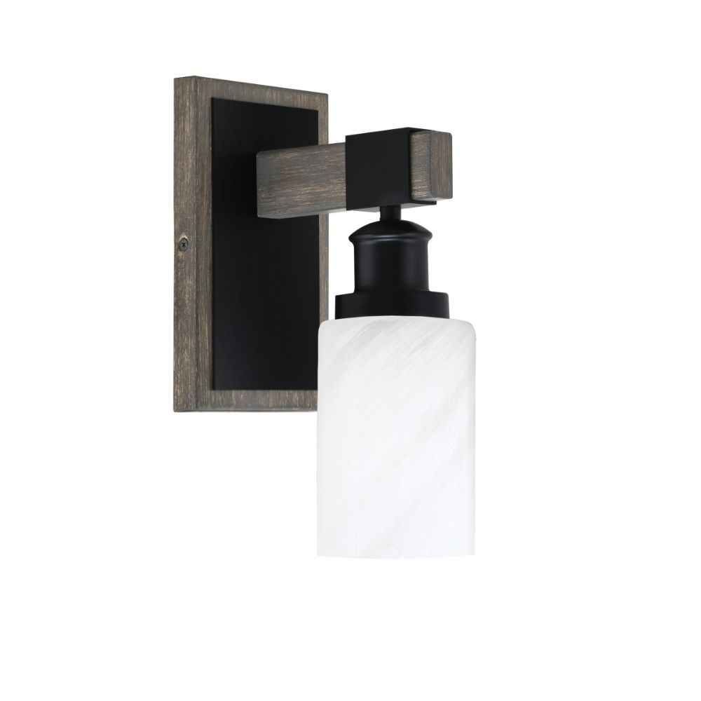 Toltec 1841-MBDW-3001 Tacoma 1 Light Wall Sconce Shown In Matte Black & Painted Distressed Wood-Look Metal Finish With 4" White Marble Glass