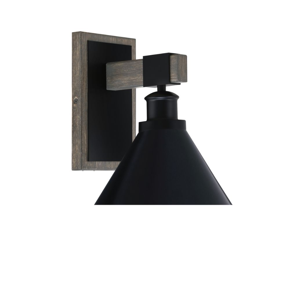 Toltec 1841-MBDW-421-MB Tacoma 1 Light Wall Sconce Shown In Matte Black & Painted Distressed Wood-Look Metal Finish With 7" Matte Black Cone Metal Shade 