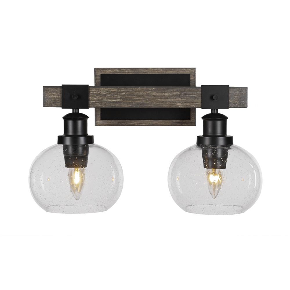 Toltec Lighting 1842-MBDW-202 Tacoma 2 Light Bath Bar In Matte Black & Painted Distressed Wood-look Metal With 7” Clear Bubble Glass