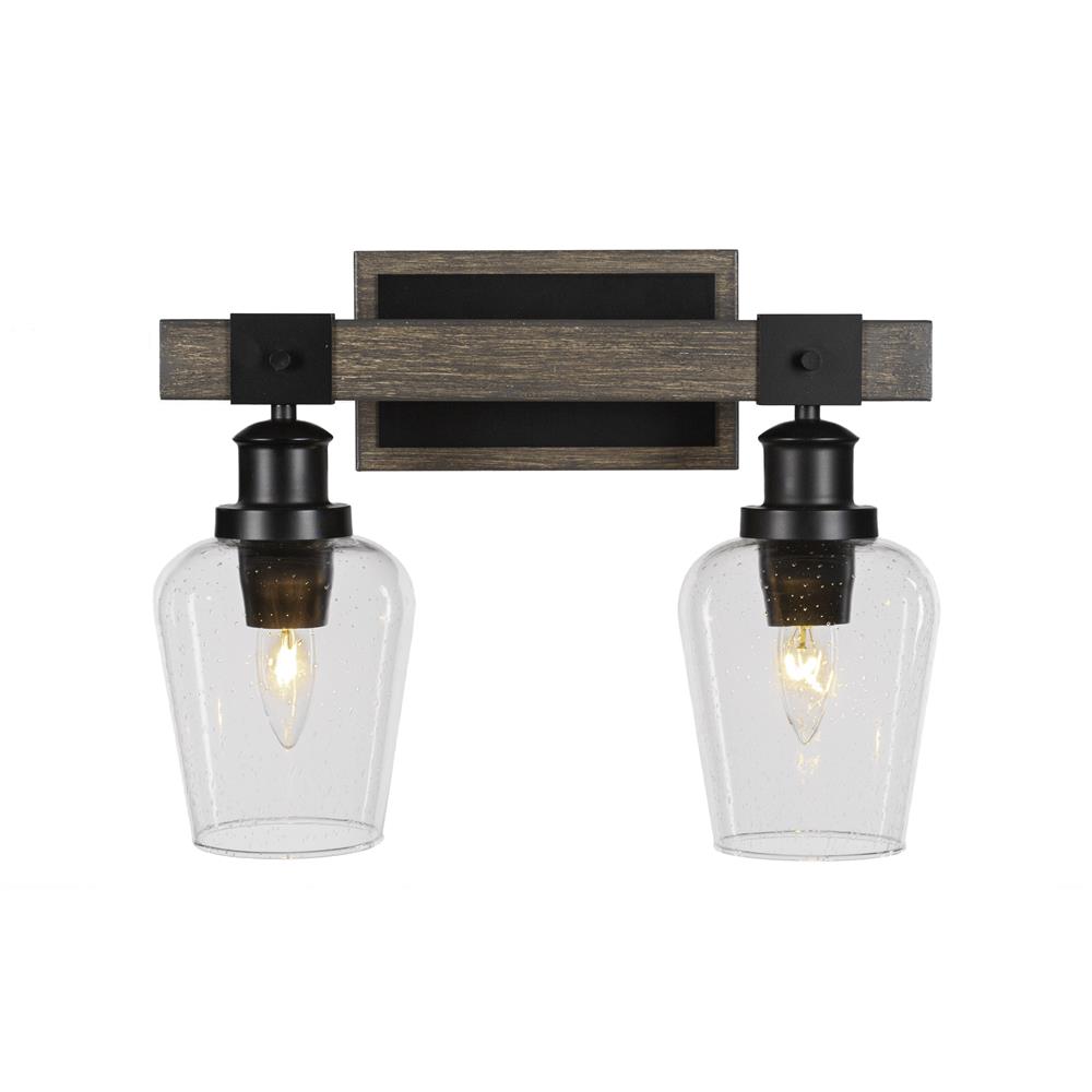 Toltec Lighting 1842-MBDW-210 Tacoma 2 Light Bath Bar In Matte Black & Painted Distressed Wood-look Metal With 5” Clear Bubble Glass