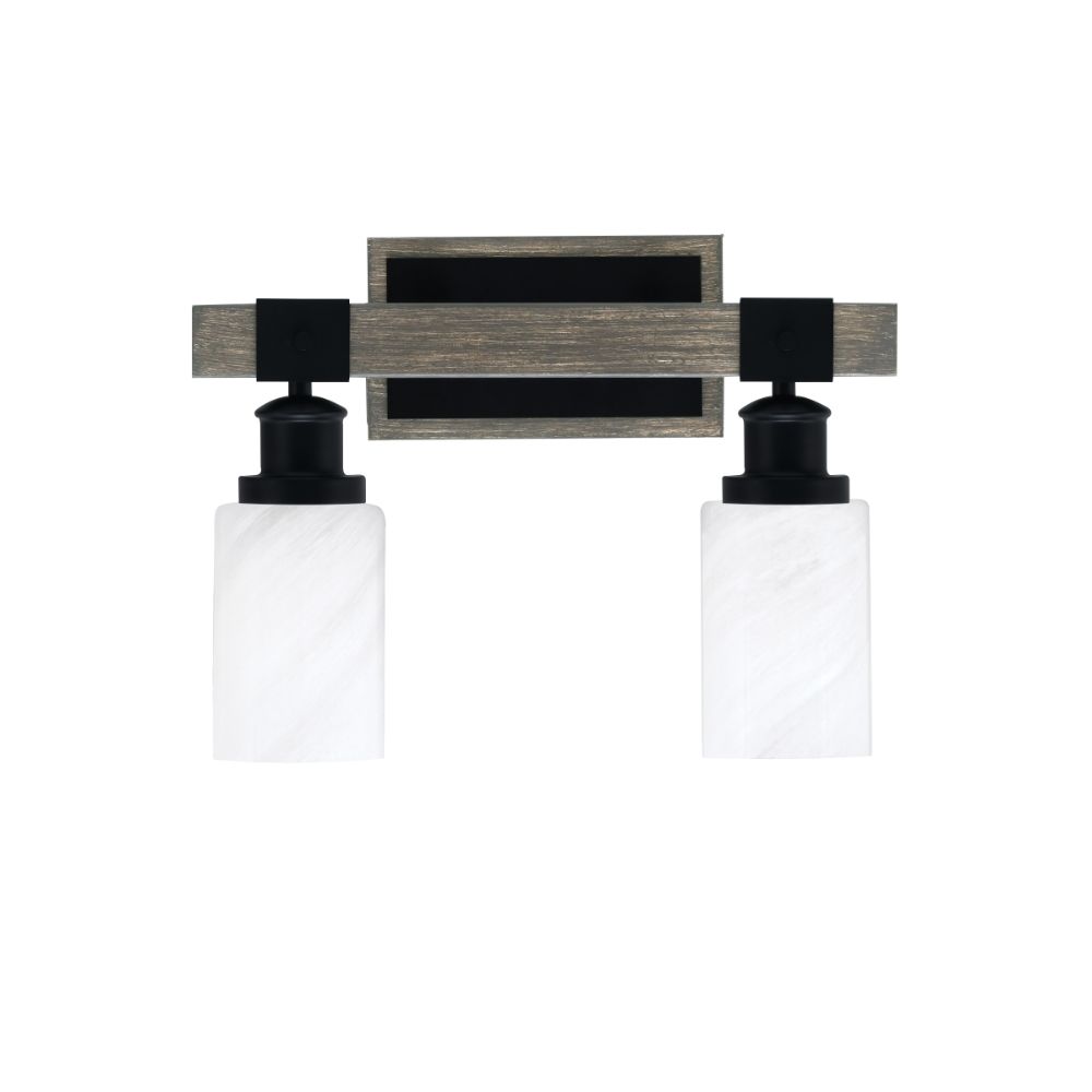 Toltec 1842-MBDW-3001 Tacoma 2 Light Bath Bar Shown In Matte Black & Painted Distressed Wood-Look Metal Finish With 4" White Marble Glass