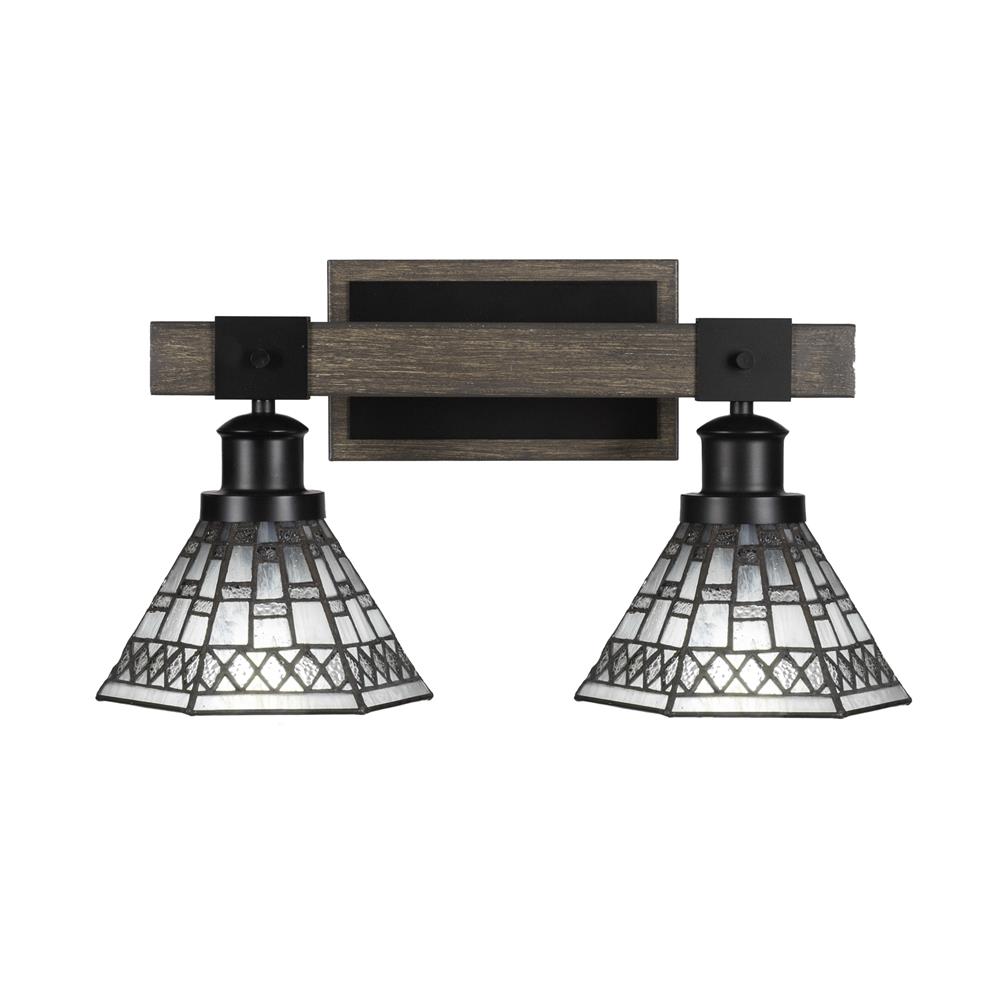 Toltec Lighting 1842-MBDW-9105 Tacoma 2 Light Bath Bar In Matte Black & Painted Distressed Wood-look Metal With 7” Pewter Art Glass
