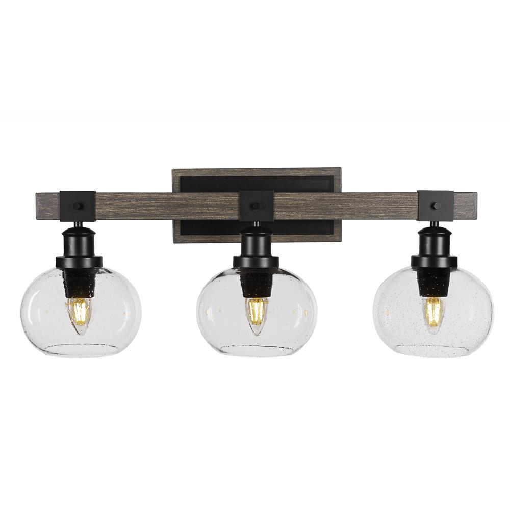 Toltec Lighting 1843-MBDW-202 Tacoma 3 Light Bath Bar In Matte Black & Painted Distressed Wood-look Metal With 7” Clear Bubble Glass