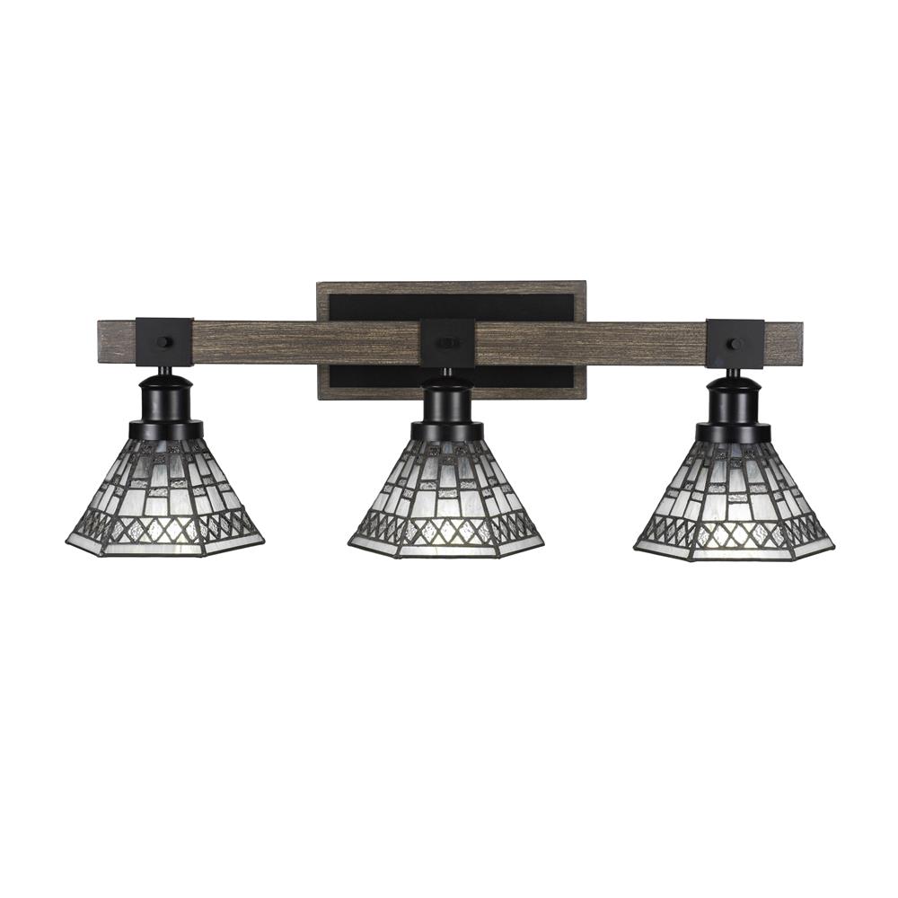 Toltec Lighting 1843-MBDW-9105 Tacoma 3 Light Bath Bar In Matte Black & Painted Distressed Wood-look Metal With 7” Pewter Art Glass