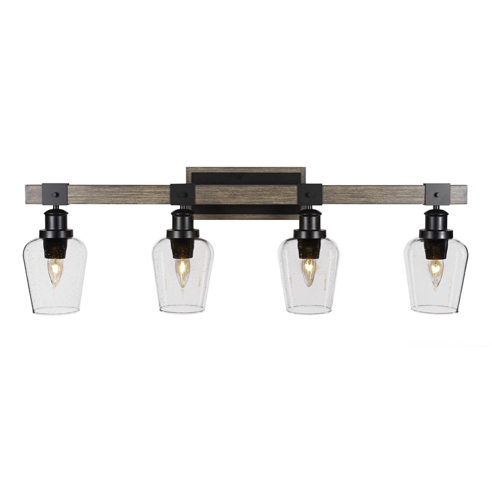 Toltec Lighting 1844-MBDW-210 Tacoma 4 Light Bath Bar In Matte Black & Painted Distressed Wood-look Metal With 5” Clear Bubble Glass