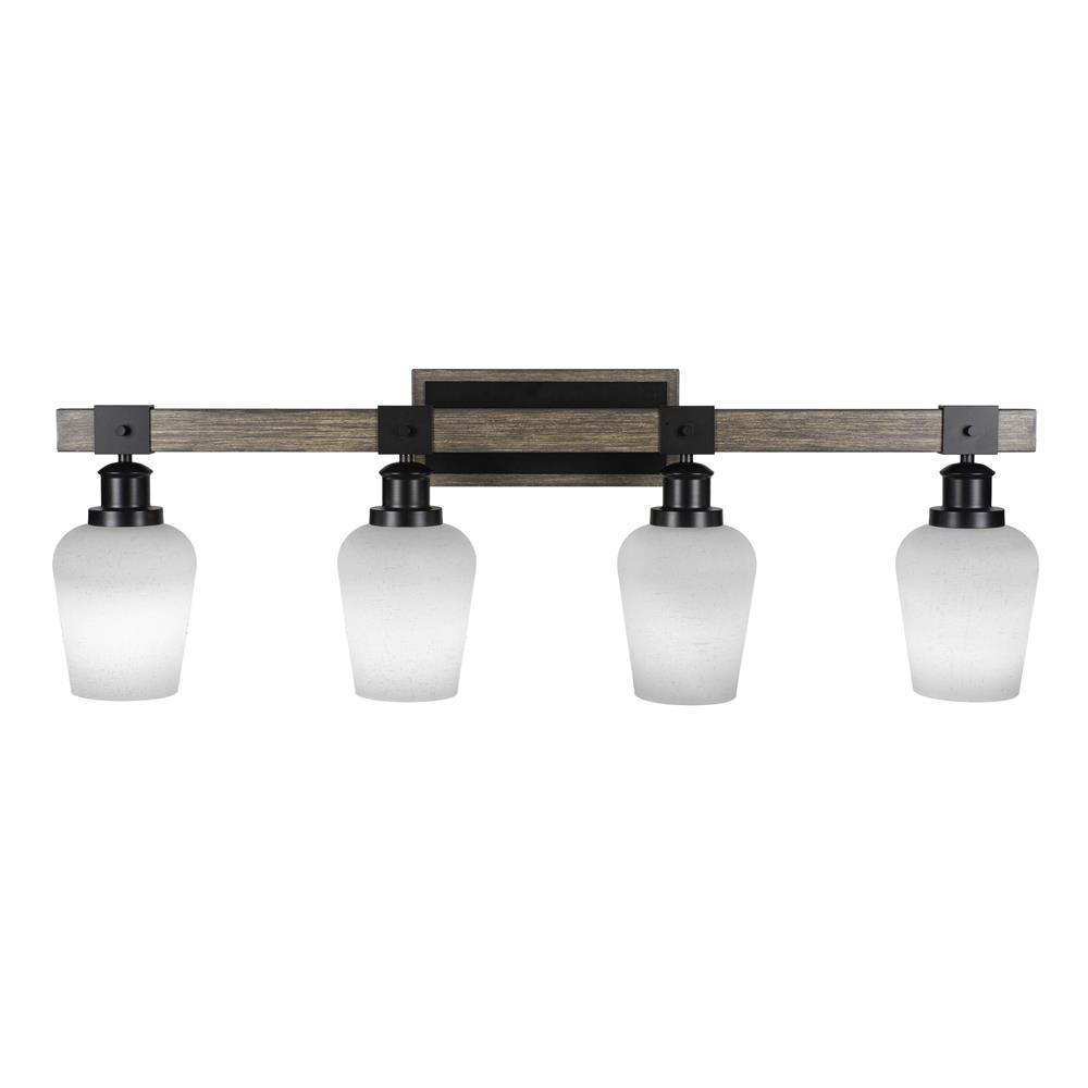 Toltec Lighting 1844-MBDW-211 Tacoma 4 Light Bath Bar In Matte Black & Painted Distressed Wood-look Metal With 5” White Muslin Glass