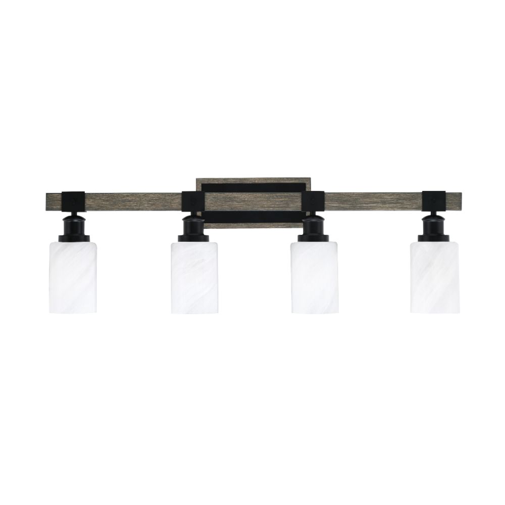 Toltec 1844-MBDW-3001 Tacoma 4 Light Bath Bar Shown In Matte Black & Painted Distressed Wood-Look Metal Finish With 4" White Marble Glass