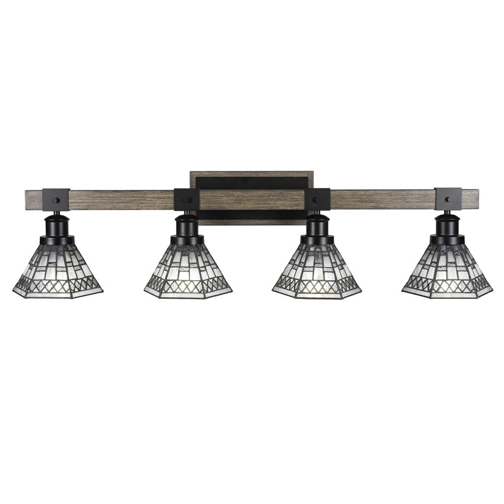 Toltec Lighting 1844-MBDW-9105 Tacoma 4 Light Bath Bar In Matte Black & Painted Distressed Wood-look Metal With 7” Pewter Art Glass