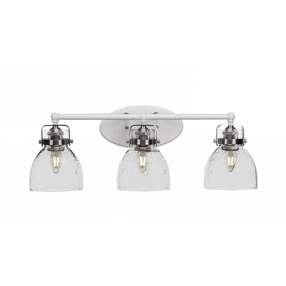 Toltec Lighting 1933-WHBN-4110 Easton 3 Light Bath Bar Shown In White & Brushed Nickel Finish With 6” Clear Bubble Glass