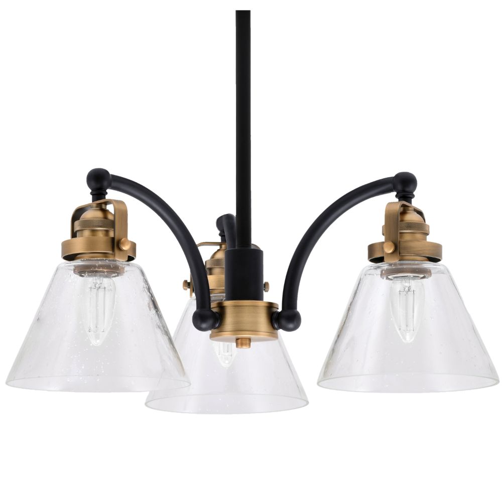 Toltec Lighting 1943-MBBR-302 Easton Downlight, 3 Light, Chandelier Shown In Matte Black & Brass Finish With 7" Clear Bubble Glass