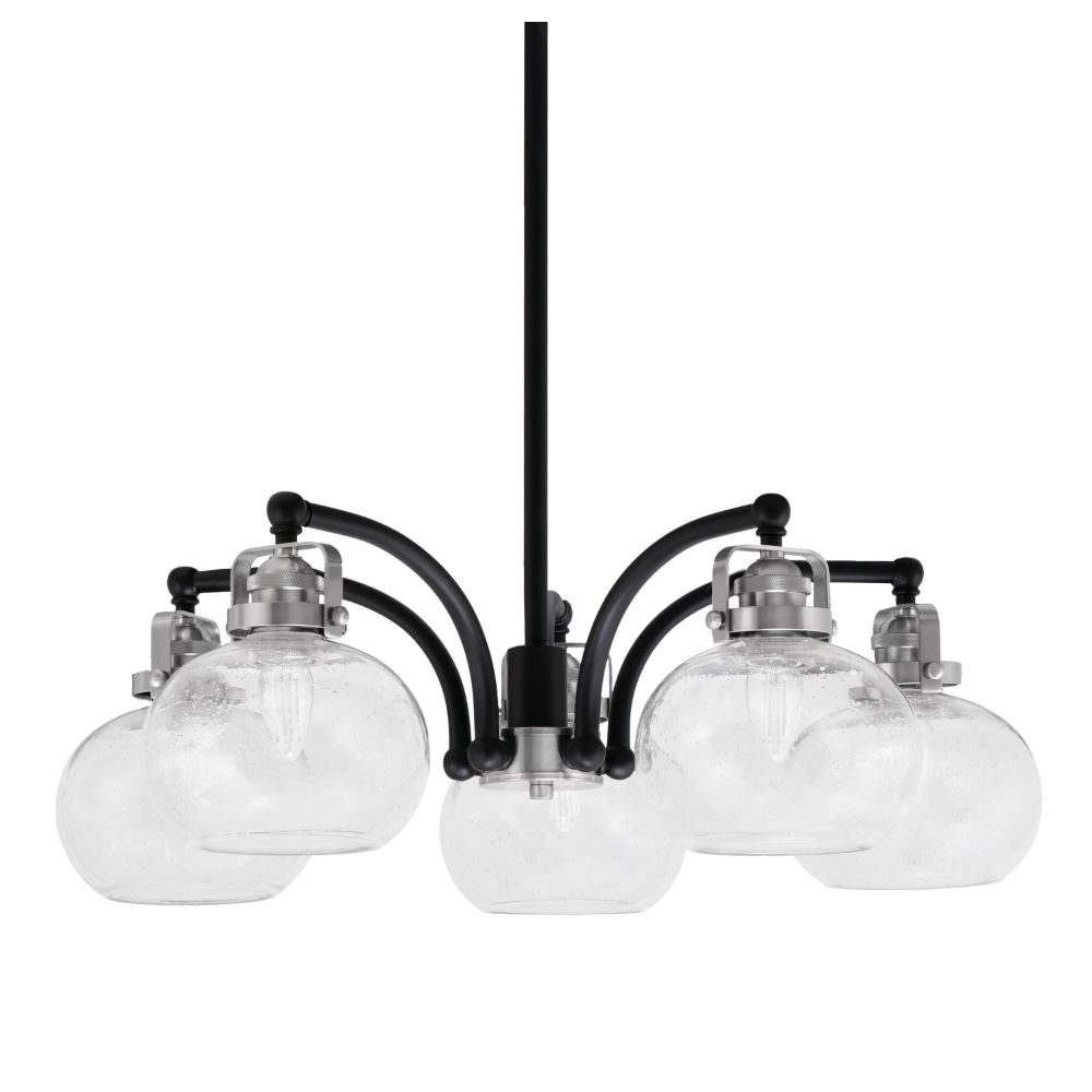 Toltec Lighting 1945-MBBN-202 Easton Downlight, 5 Light, Chandelier Shown In Matte Black & Brushed Nickel Finish With 7" Clear Bubble Glass