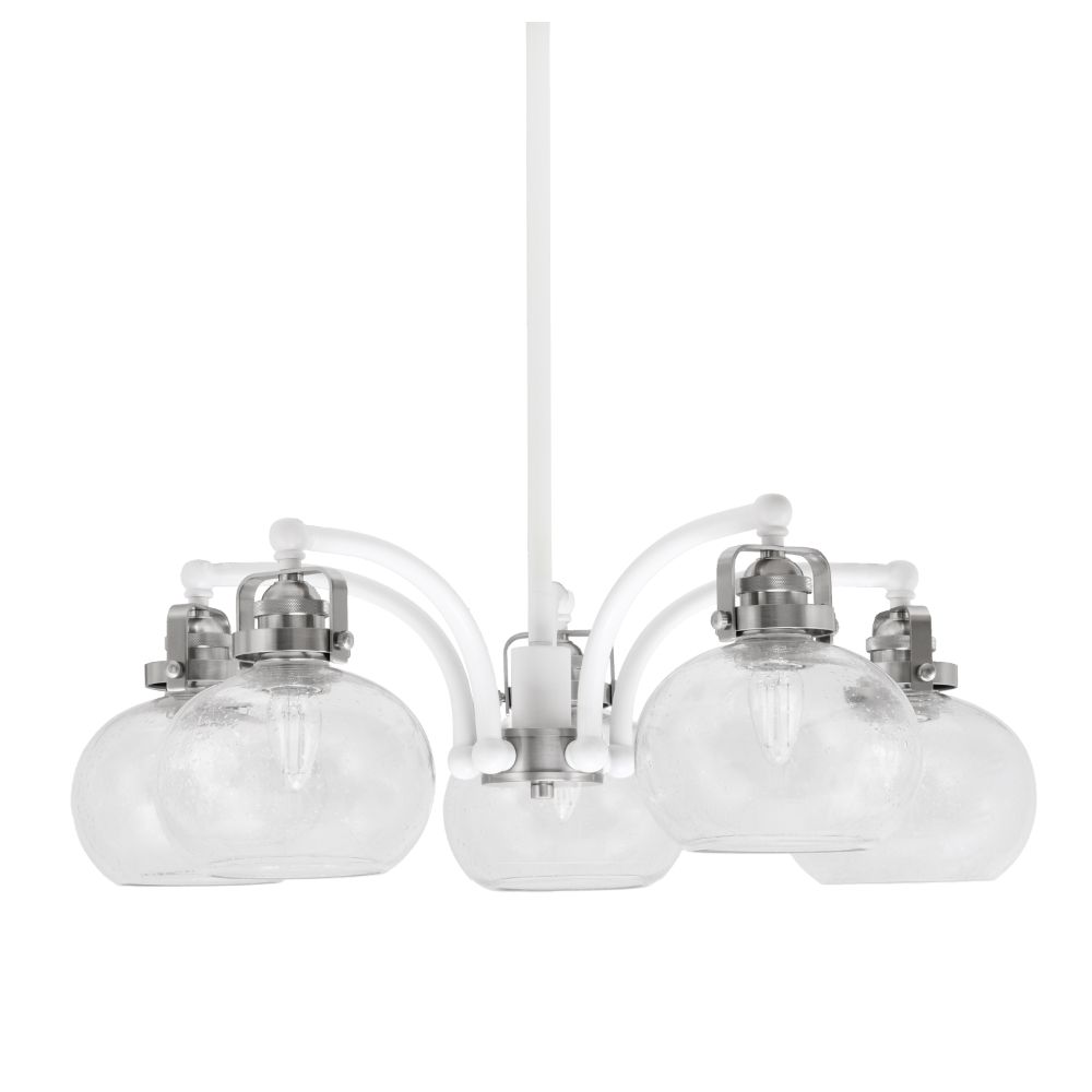 Toltec Lighting 1945-WHBN-202 Easton Downlight, 5 Light, Chandelier Shown In White & Brushed Nickel Finish With 7" Clear Bubble Glass