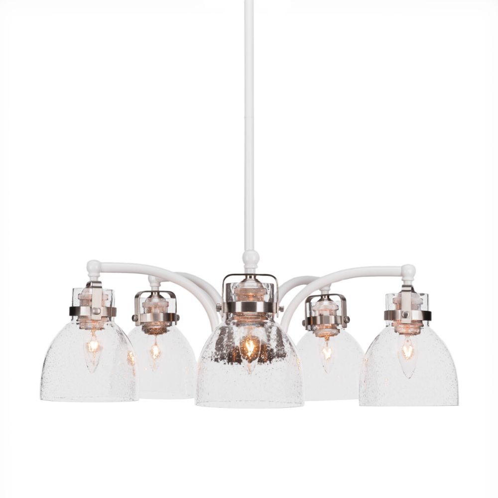 Toltec Lighting 1945-WHBN-4110 Easton 5 Light Chandelier Shown In White & Brushed Nickel Finish With 6” Clear Bubble Glass