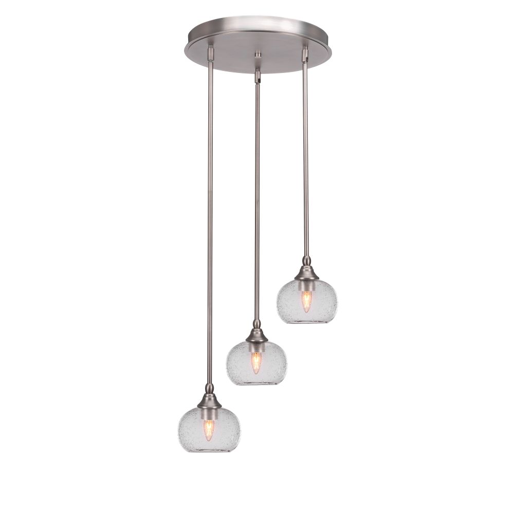 Toltec Lighting 2143-BN-202 Empire 3 Light Cluster Pendalier In Brushed Nickel Finish With 7" Clear Bubble Glass