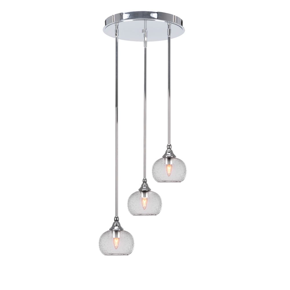 Toltec Lighting 2143-CH-202 Empire 3 Light Cluster Pendalier In Chrome Finish With 7" Clear Bubble Glass