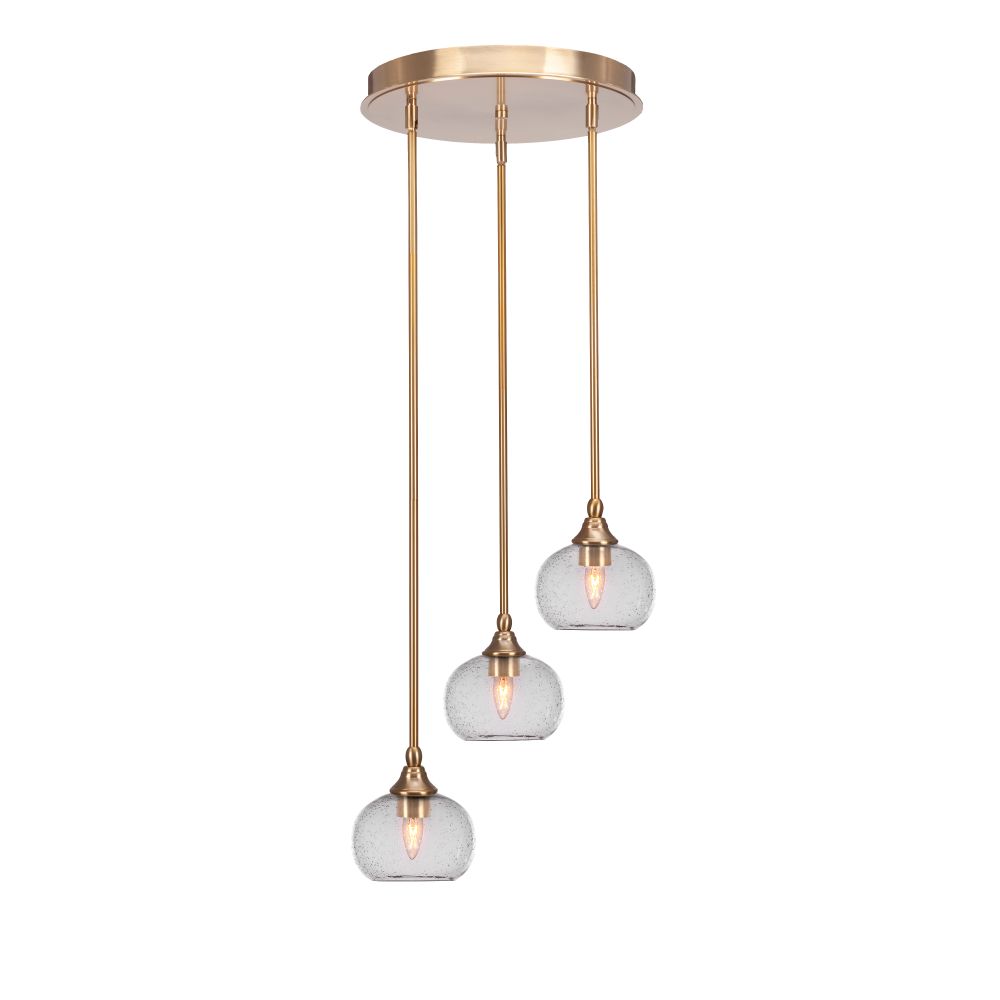 Toltec Lighting 2143-NAB-202 Empire 3 Light Cluster Pendalier In New Age Brass Finish With 7" Clear Bubble Glass