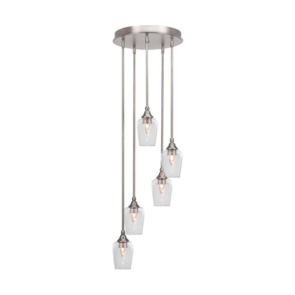 Toltec Lighting 2145-BN-210 Empire 5 Light Cluster Pendalier In Brushed Nickel Finish With 5" Clear Bubble Glass