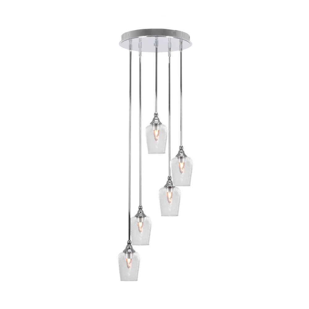 Toltec Lighting 2145-CH-210 Empire 5 Light Cluster Pendalier In Chrome Finish With 5" Clear Bubble Glass