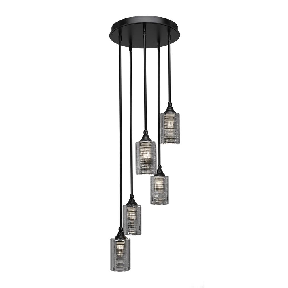 Toltec Lighting 2145-MB-6490 Empire 5 Light Cluster Pendalier In Matte Black Finish With 4” Silver Matrix Glass