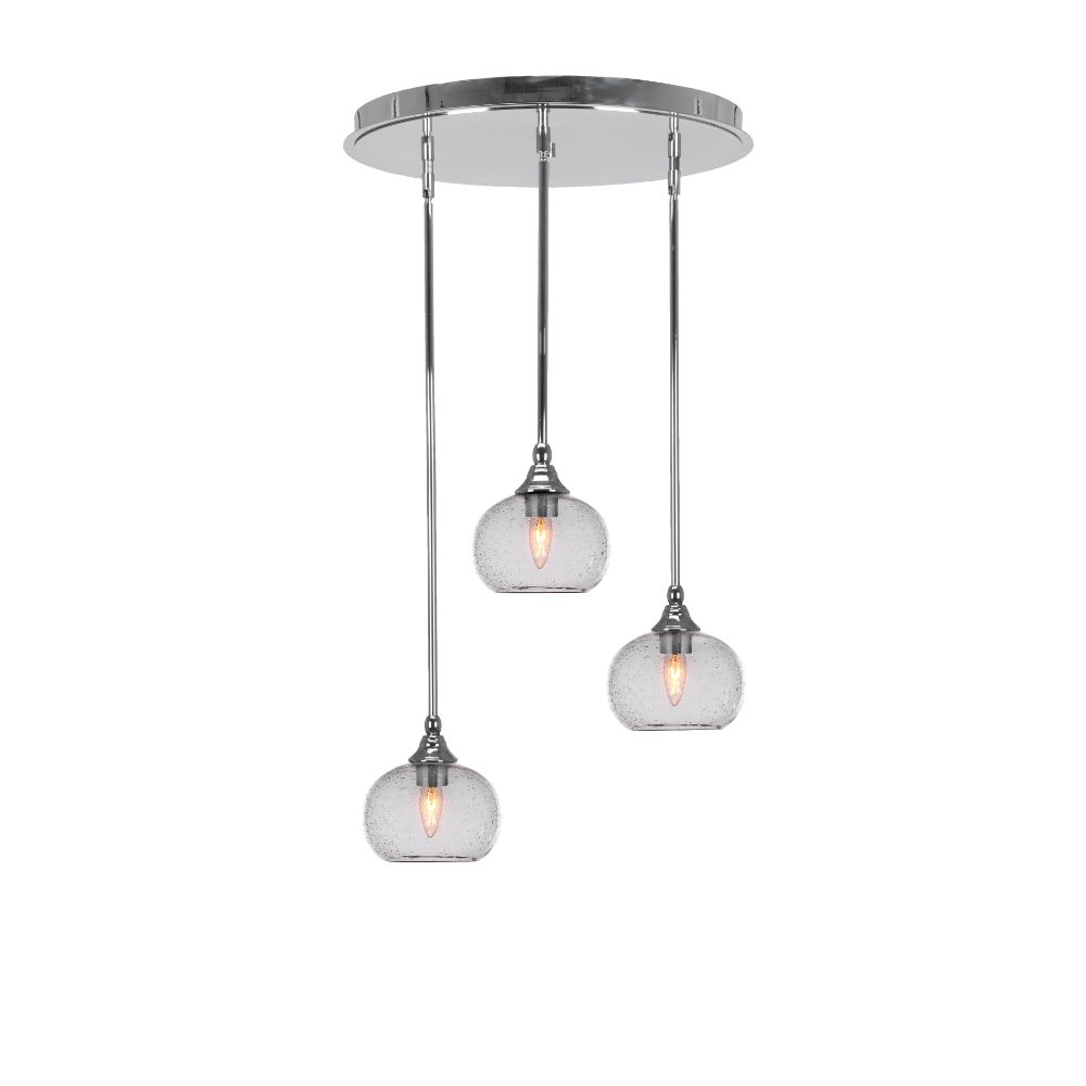 Toltec Lighting 2183-CH-202 Empire 3 Light Cluster Pendalier In Chrome Finish With 7" Clear Bubble Glass