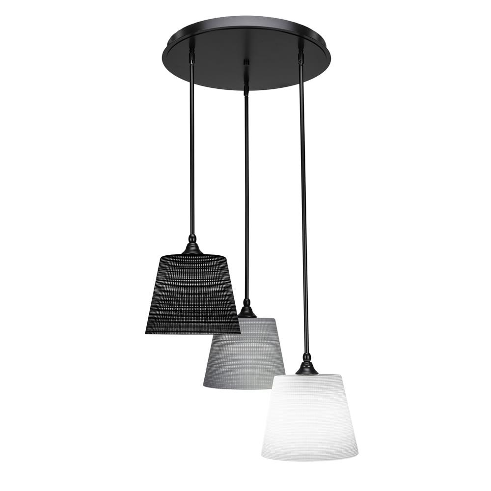 Toltec Lighting 2183-MB-4081-4082-4089 Empire 3 Light Cluster Pendalier In Matte Black Finish With 9.5” White, Black, And Gray Matrix Glass