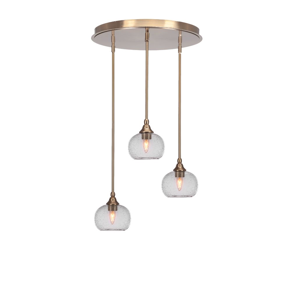 Toltec Lighting 2183-NAB-202 Empire 3 Light Cluster Pendalier In New Age Brass Finish With 7" Clear Bubble Glass