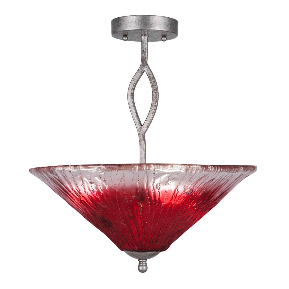 Toltec Lighting 242-AS-716 Revo Semi-Flush With 3 Bulbs Shown In Aged Silver Finish With 16" Raspberry Crystal Glass