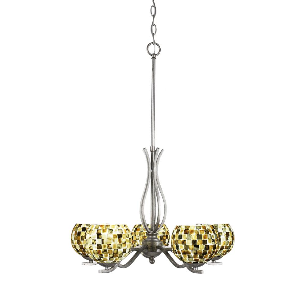 Toltec Lighting 245-AS-407 Revo 5 Light Chandelier Shown In Aged Silver Finish With 6" Sea Mist Seashell Glass