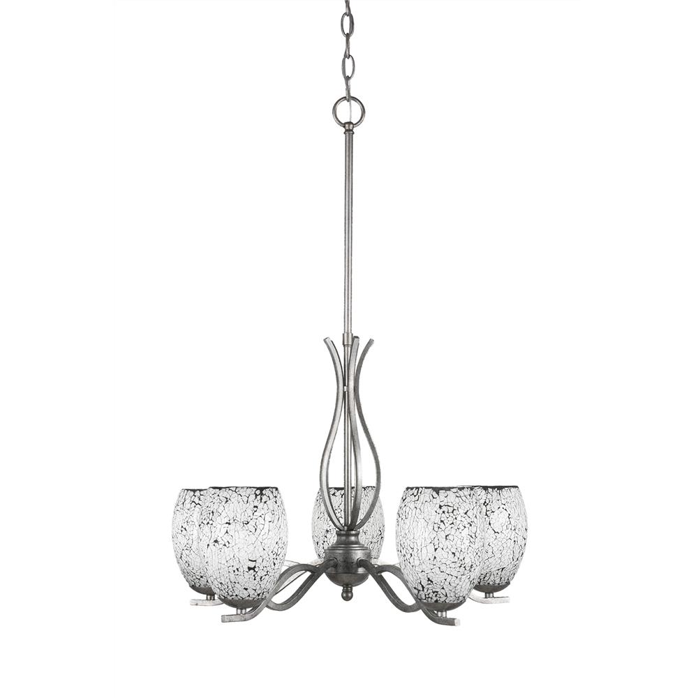 Toltec Lighting 245-AS-4165 Revo 5 Light Chandelier Shown In Aged Silver Finish With 5" Black Fusion Glass