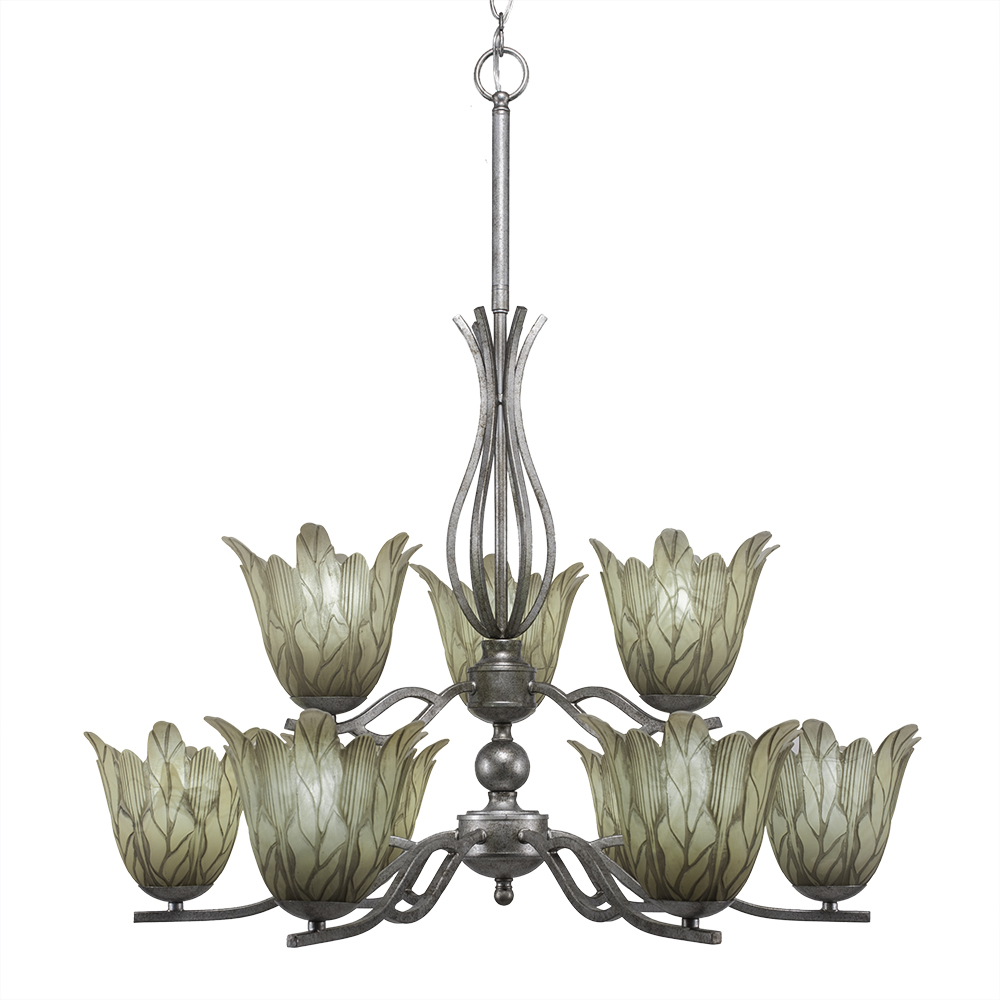 Toltec Lighting 249-AS-1025 Revo 9 Light Chandelier Shown In Aged Silver Finish With 7" Vanilla Leaf Glass