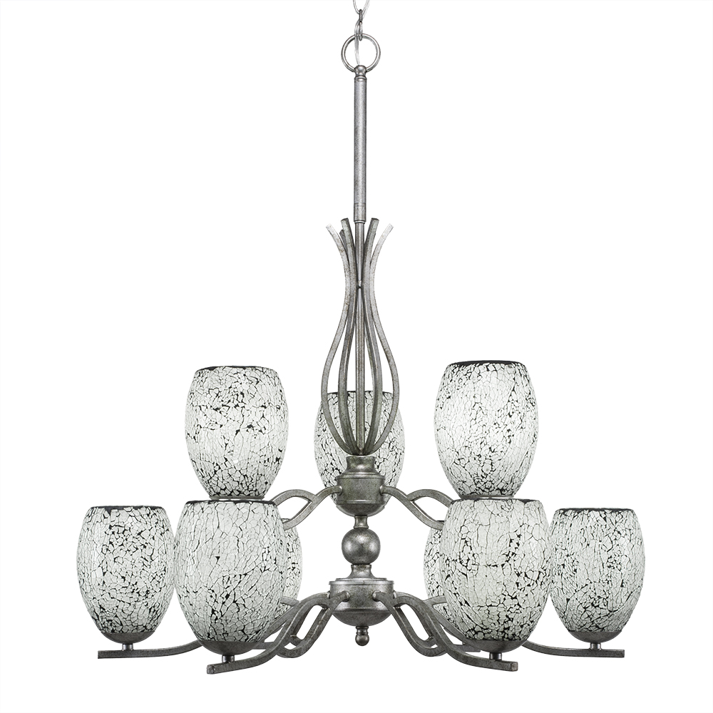 Toltec Lighting 249-AS-4165 Revo 9 Light Chandelier Shown In Aged Silver Finish With 5" Black Fusion Glass