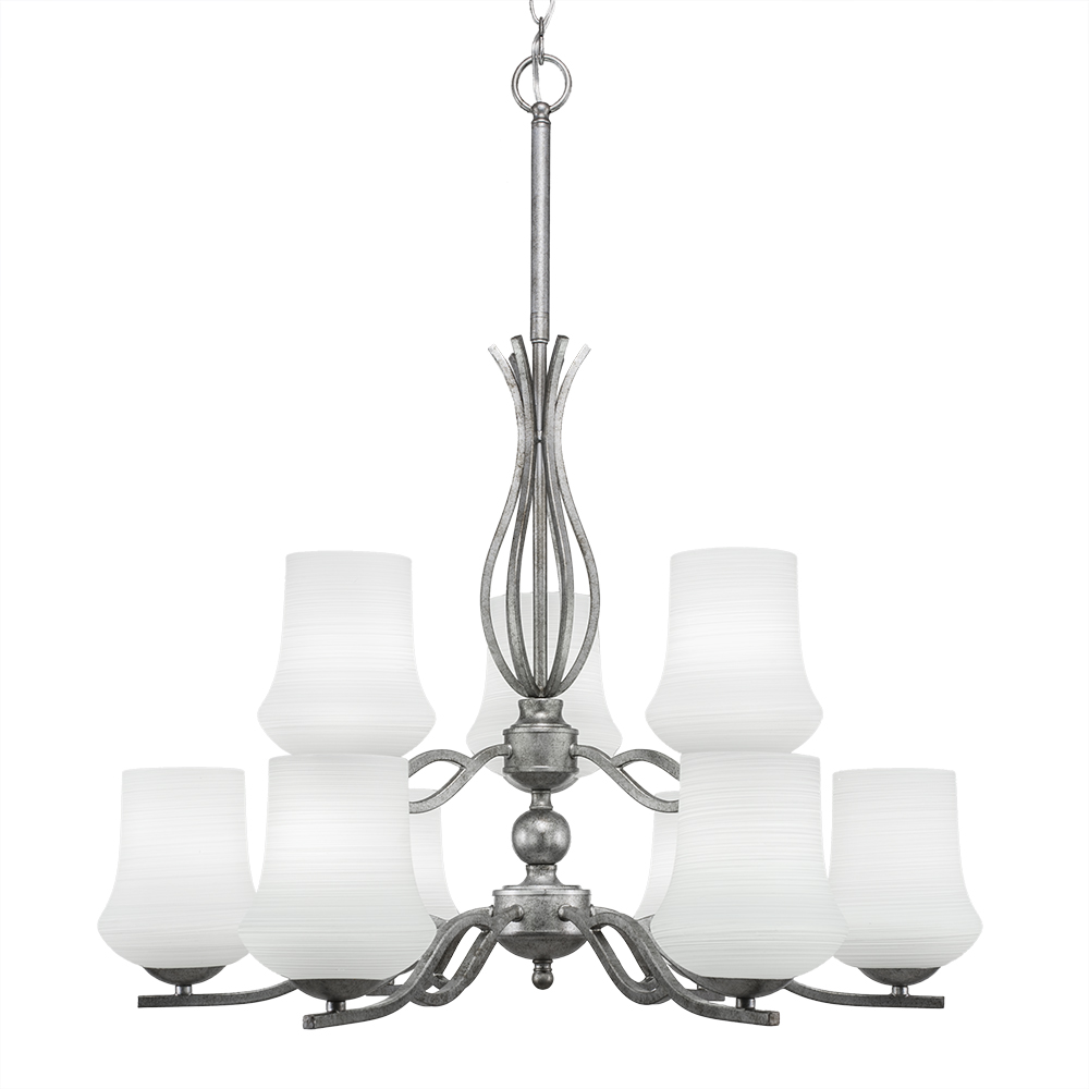 Toltec Lighting 249-AS-681 Revo 9 Light Chandelier Shown In Aged Silver Finish With 5.5” Zilo White Linen Glass