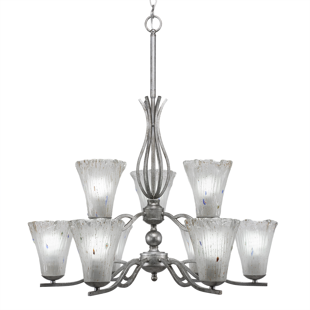 Toltec Lighting 249-AS-721 Revo 9 Light Chandelier Shown In Aged Silver Finish With 5.5" Fluted Frosted Crystal Glass