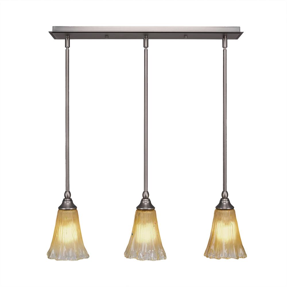 Toltec 25-BN-720 3 Light Multi Light Mini Pendant With Hang Straight Swivels Shown In Brushed Nickel Finish With 5.5" Fluted Amber Crystal Glass