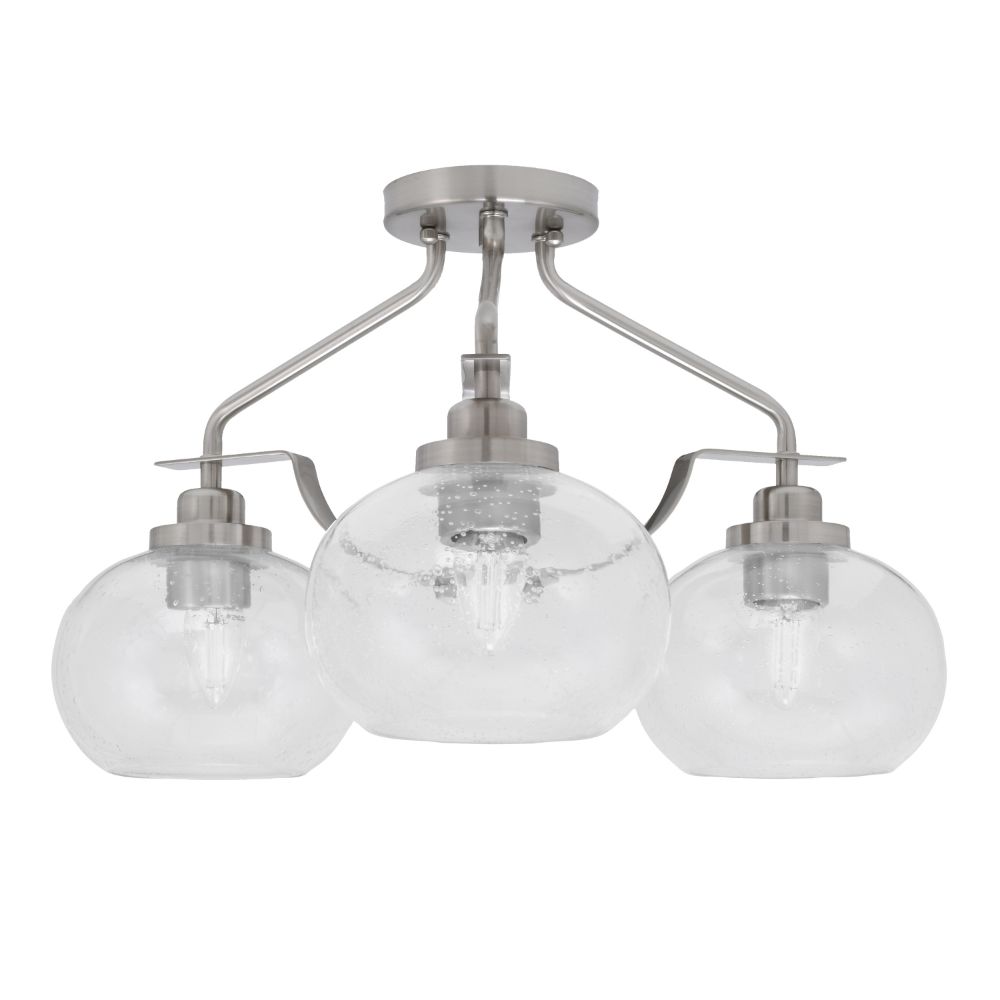 Toltec Lighting 2607-BN-202 Odyssey 3 Light Semi Flush Mount In Brushed Nickel Finish With 7” Clear Bubble Glass