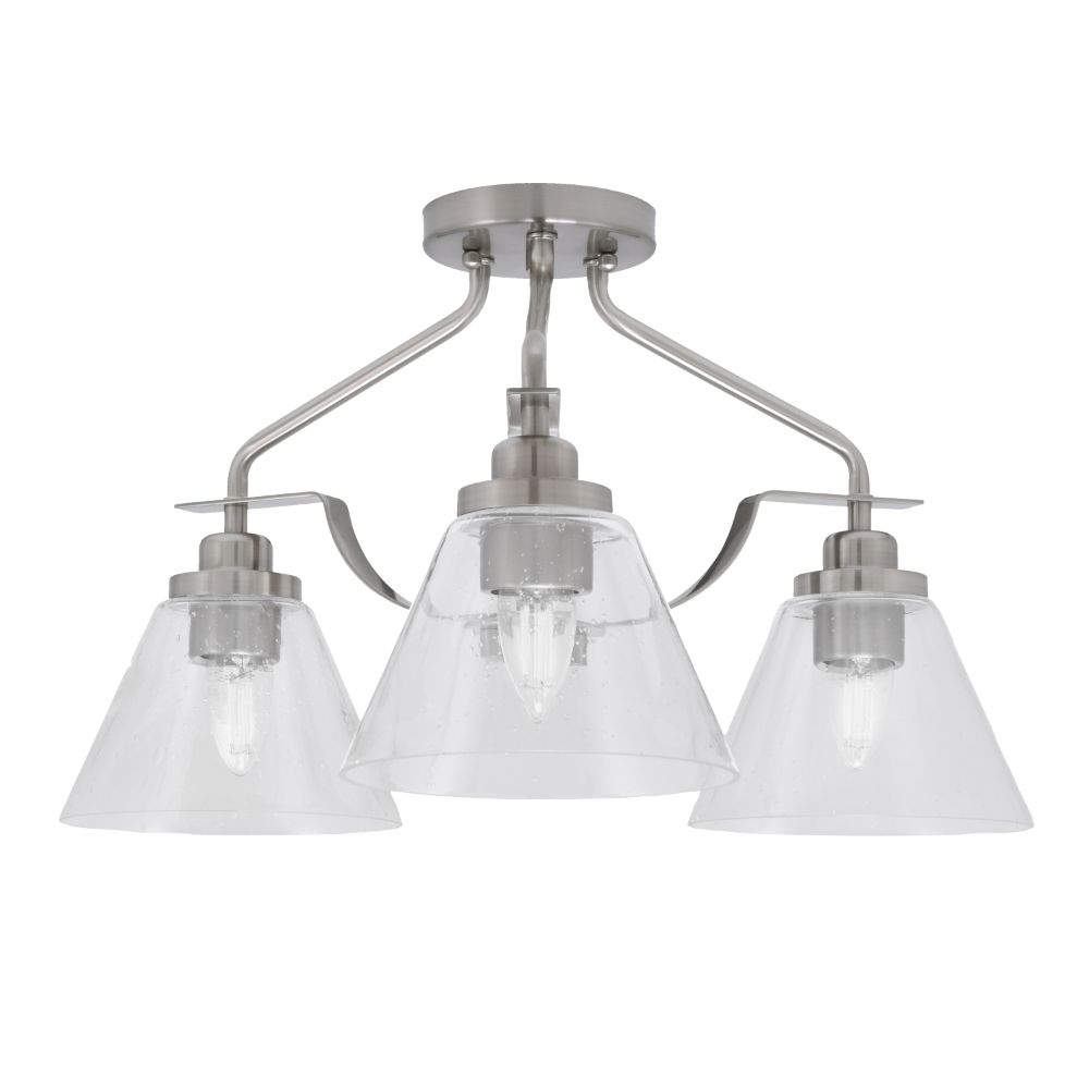 Toltec Lighting 2607-BN-302 Odyssey 3 Light Semi Flush Mount In Brushed Nickel Finish With 7" Clear Bubble Glass