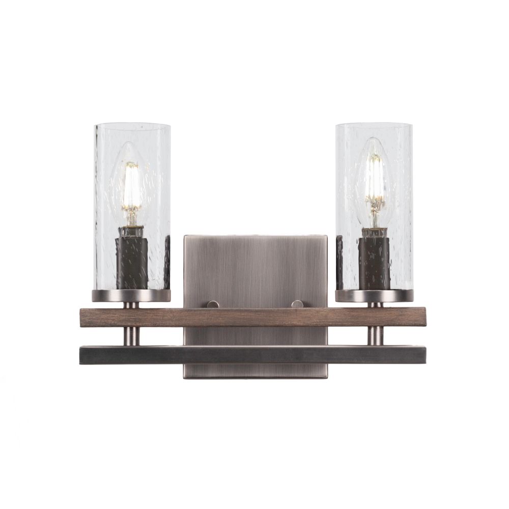 Toltec Lighting 2712-GPDW-800 Belmont 2 Light Bath Bar Shown In Painted Distressed Wood-look Metal & Graphite Finish With 2.5” Clear Bubble Glass