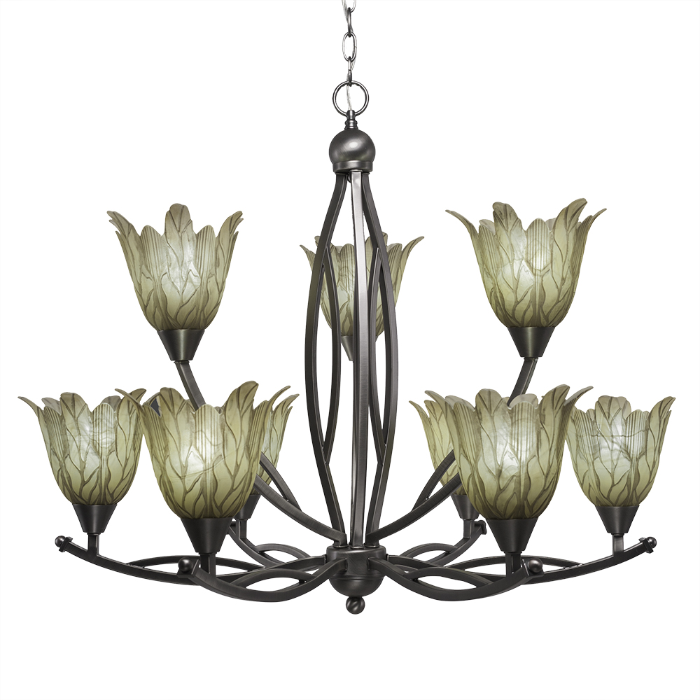 Toltec Lighting 279-BN-1025 Bow 9 Light Chandelier Shown In Brushed Nickel Finish With 7" Vanilla Leaf Glass