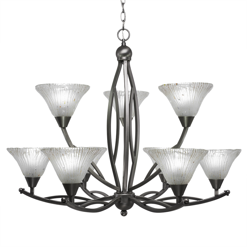 Toltec Lighting 279-BN-751 Bow 9 Light Chandelier Shown In Brushed Nickel Finish With 7" Frosted Crystal Glass