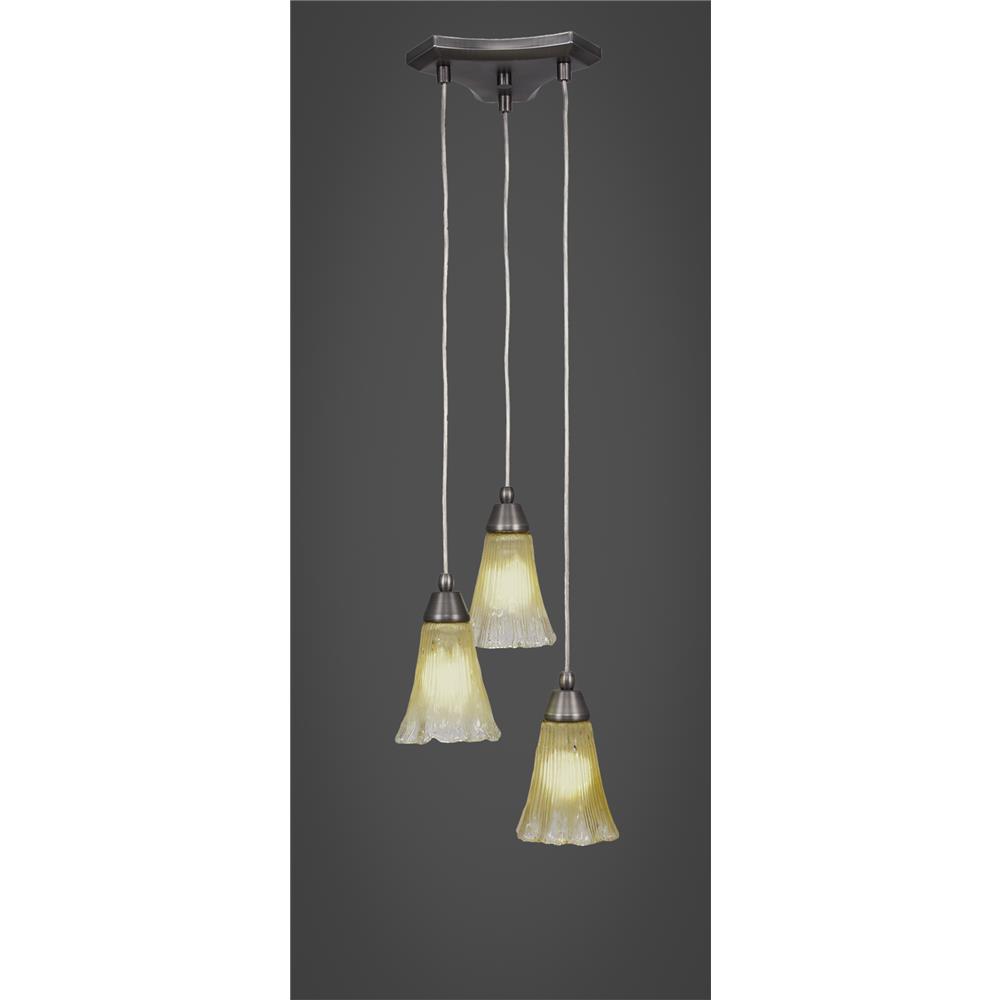 Toltec Lighting 28-BN-720 Europa 3 Light Multi Light Mini Pendant Shown In Brushed Nickel Finish With 5.5" Fluted Amber Crystal Glass