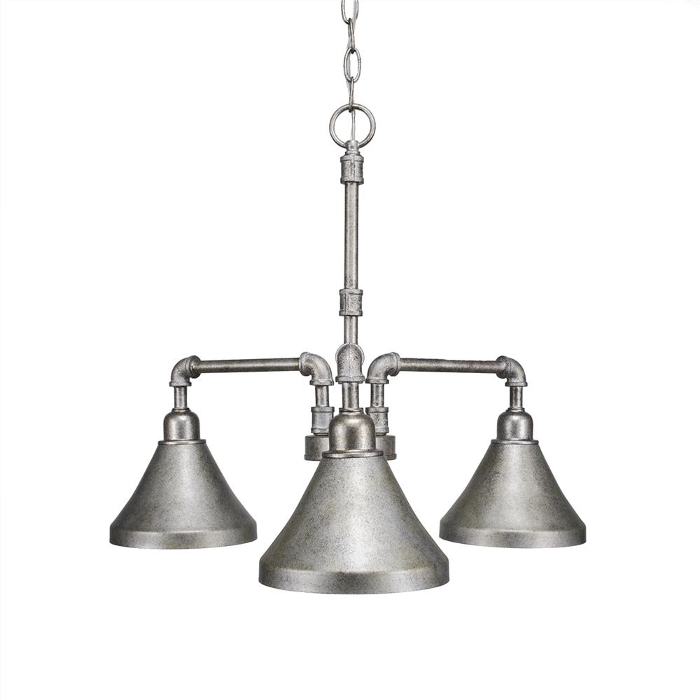 Toltec Lighting 283-AS-410 Vintage 3 Light Chandelier Shown In Aged Silver Finish With 7” Aged Silver Metal Shades