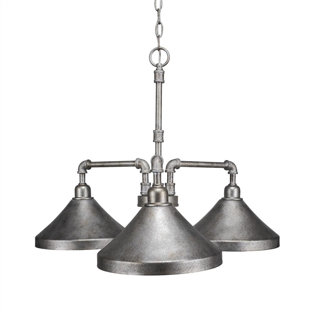 Toltec Lighting 283-AS-418 Vintage 3 Light Chandelier Shown In Aged Silver Finish With 10” Aged Silver Metal Shades